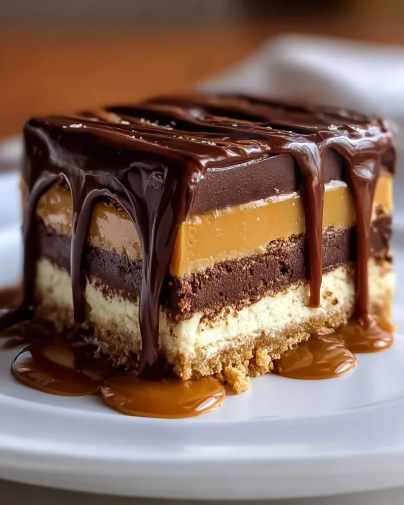 Delicious no-bake Twix cheesecake topped with chocolate and caramel sauce