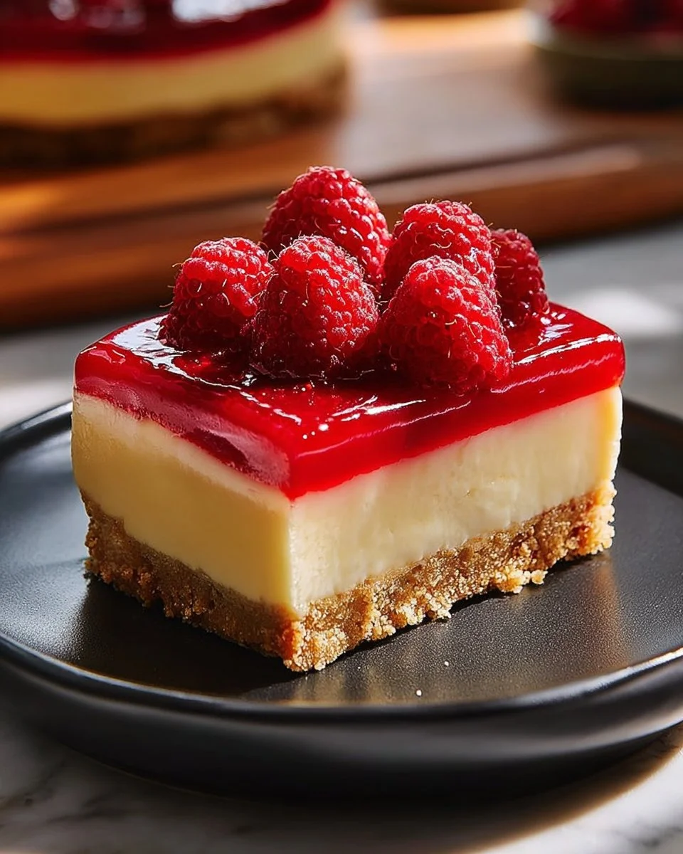 No-Bake Vegan Lemon Cheesecake with Raspberry Jelly on a white plate