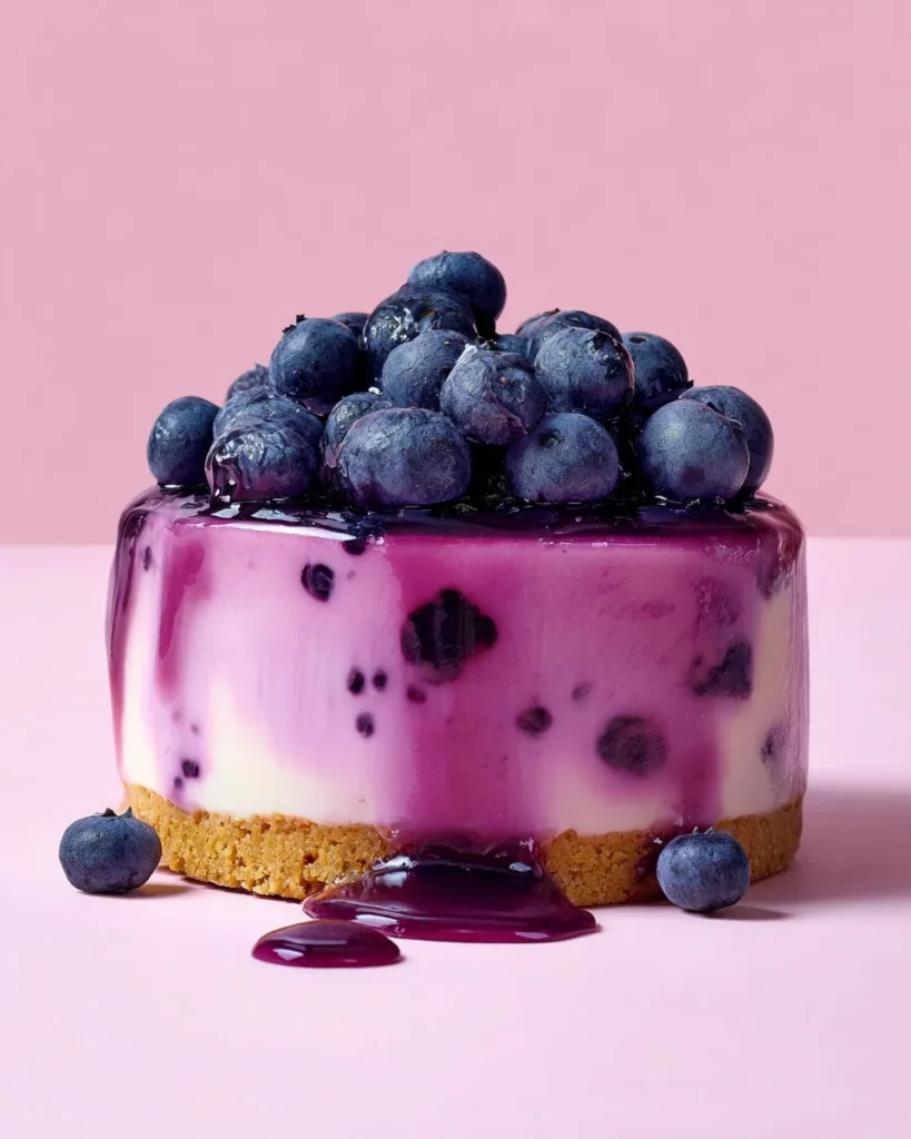 No-bake white chocolate blueberry cheesecake slice on a plate