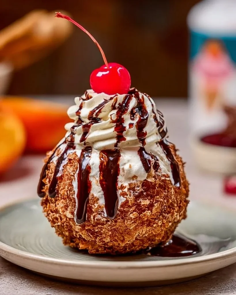 A bowl of no-fry fried ice cream topped with sprinkles and chocolate sauce
