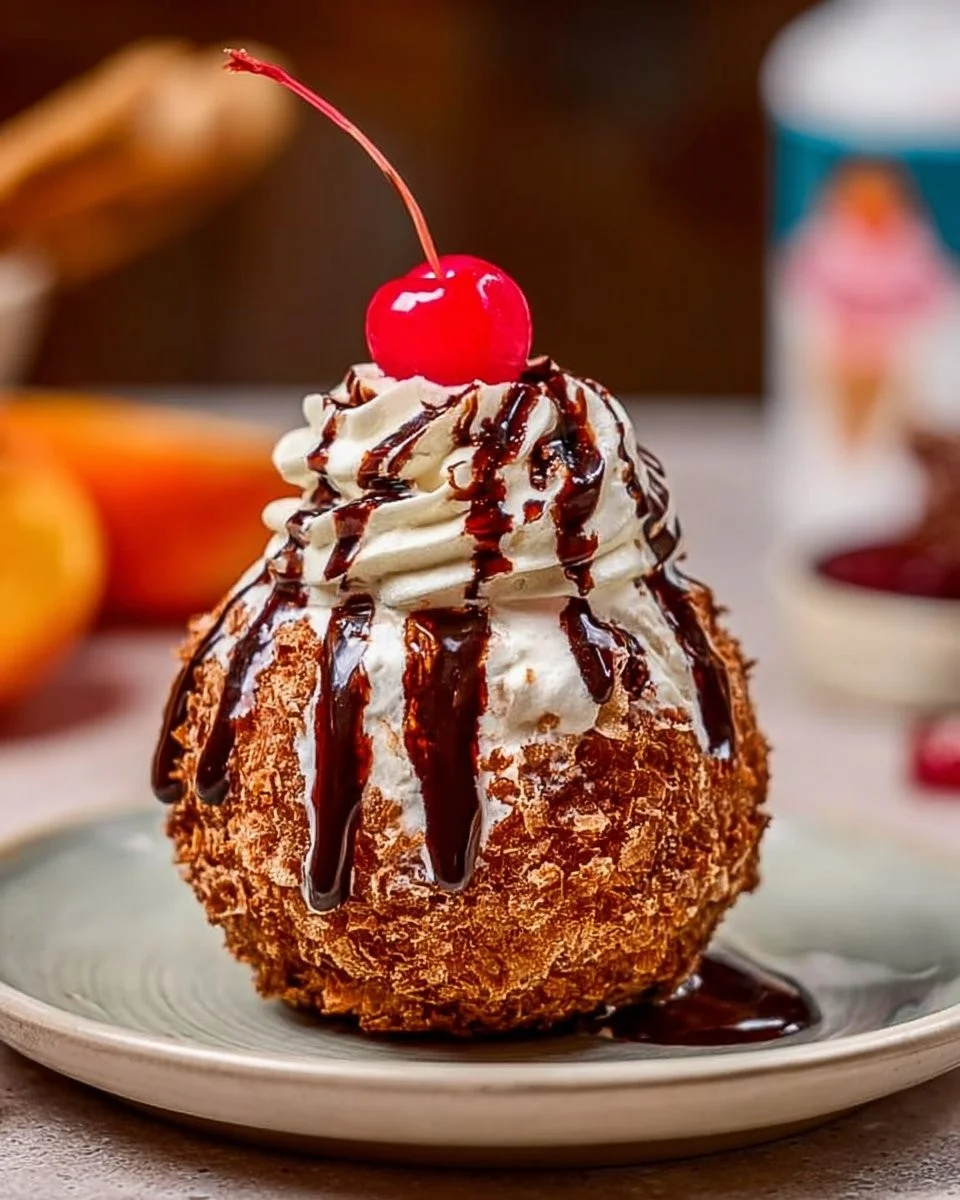 A bowl of no-fry fried ice cream topped with sprinkles and chocolate sauce