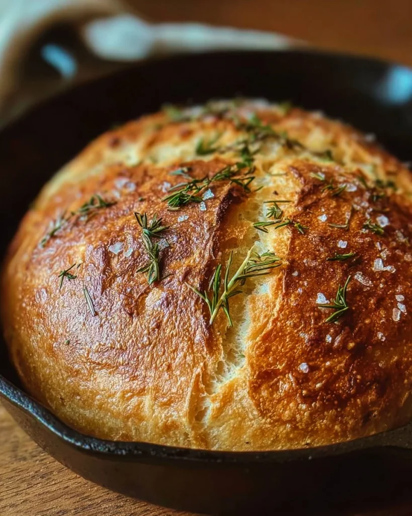 Homemade no-knead skillet bread with rosemary and sea salt fresh from the oven.