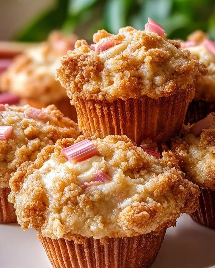 Nostalgic rhubarb muffins with warm cinnamon crumble, fresh out of the oven.
