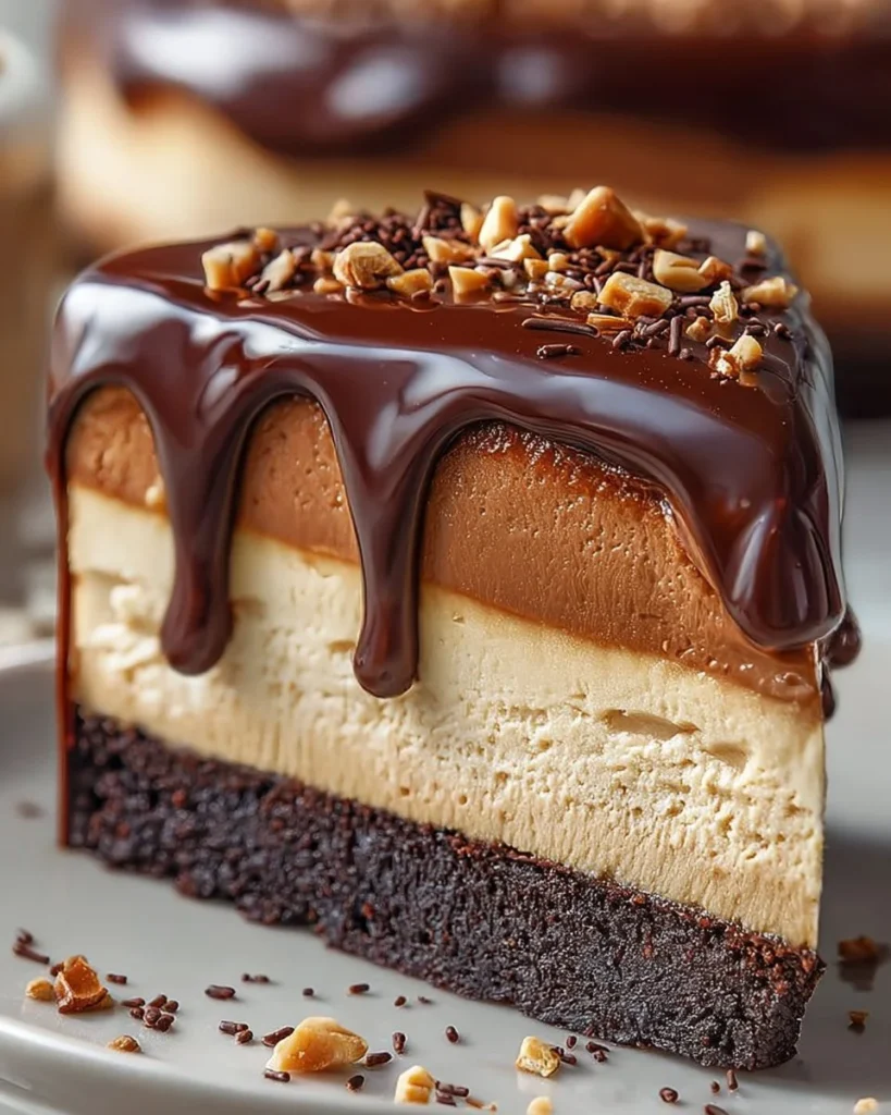 Delicious homemade Nutella Cheesecake topped with chocolate and hazelnuts