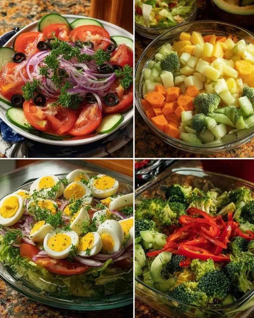 Delicious and colorful nutritious salads with fresh vegetables and toppings
