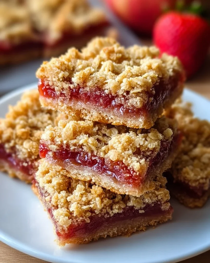 Old-fashioned Amish oatmeal rhubarb crumble bars on a wooden table.