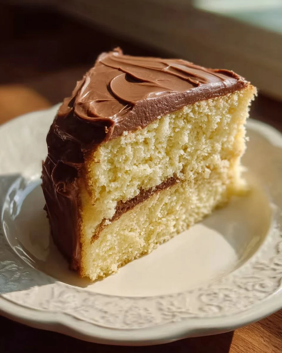 Slice of old fashioned butter cake on a plate with a fork