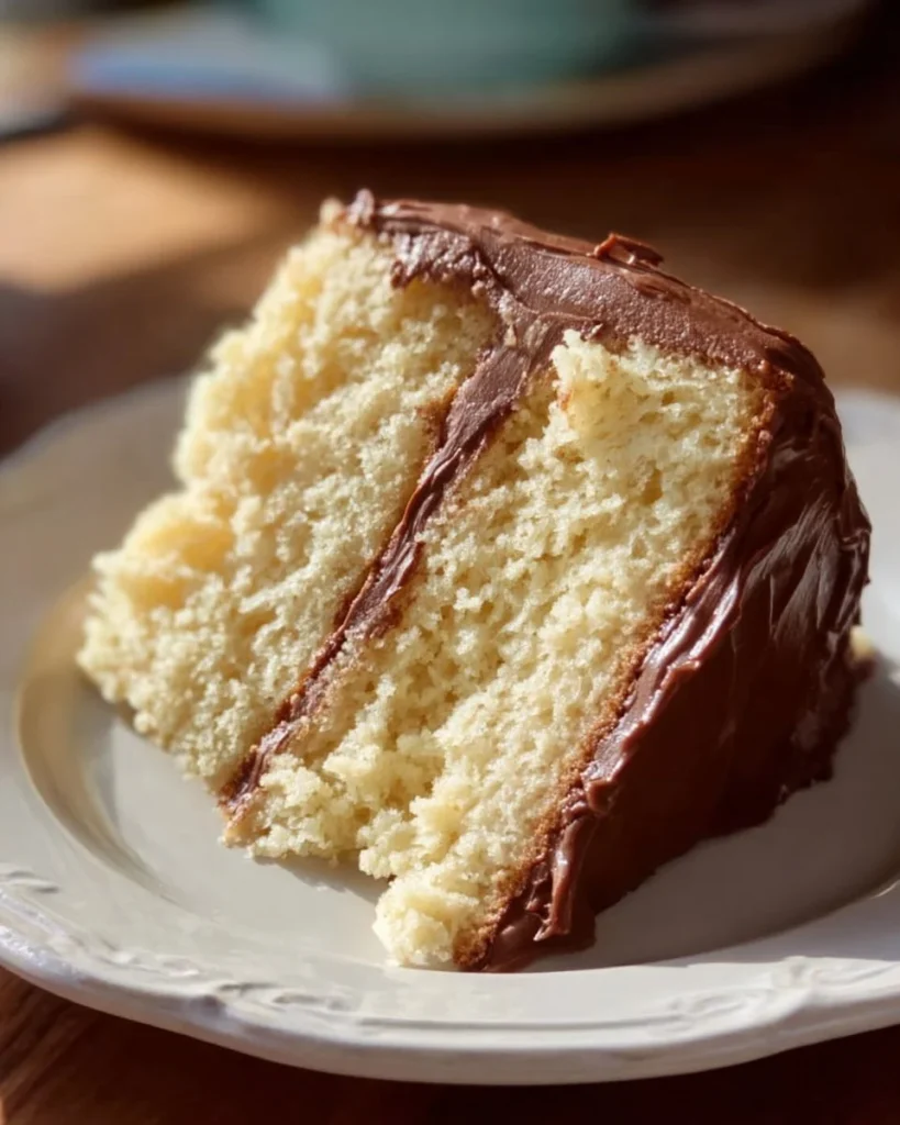 Old Fashioned Butter Cake with a slice cut and decorated with fresh cream.