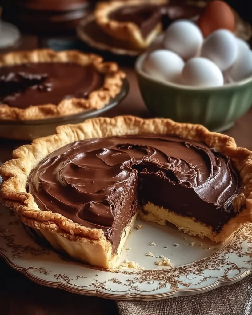 Delicious slice of old fashioned chocolate pie with creamy chocolate filling