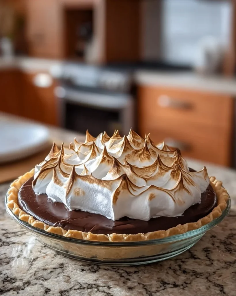 Slice of old-fashioned chocolate pie topped with whipped cream on a vintage plate