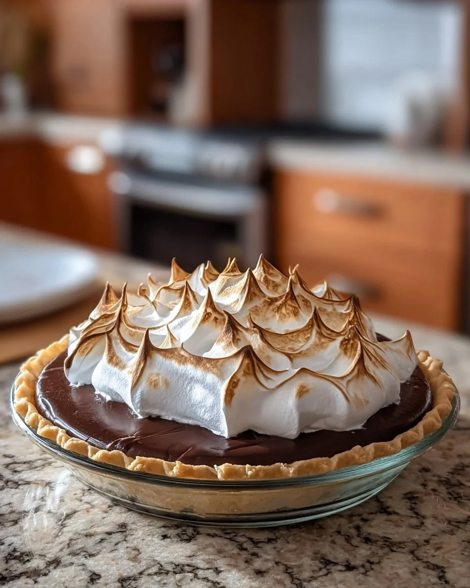 Slice of old-fashioned chocolate pie topped with whipped cream on a vintage plate