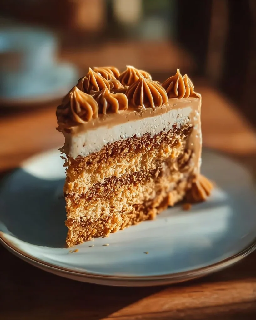 Slice of Old-Fashioned Peanut Butter Cake topped with creamy frosting.