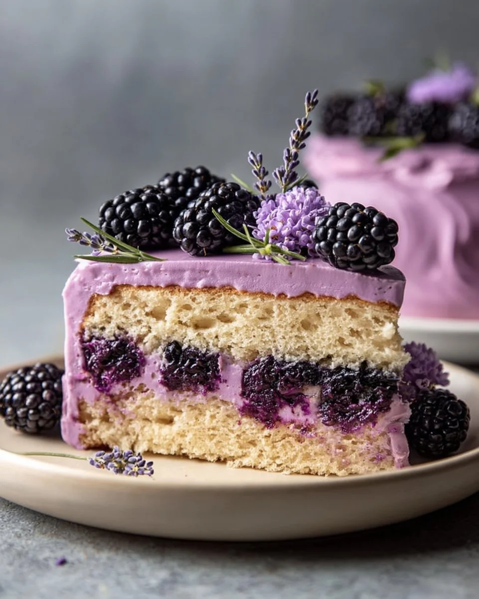 Vegan lavender blackberry cake garnished with fresh blackberries and lavender flowers.