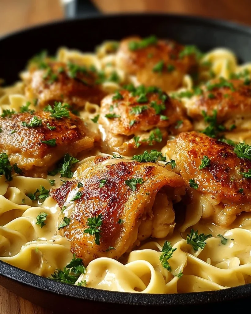 One-Pan Chicken with Buttered Noodles dish served in a skillet, showcasing flavorful ingredients.