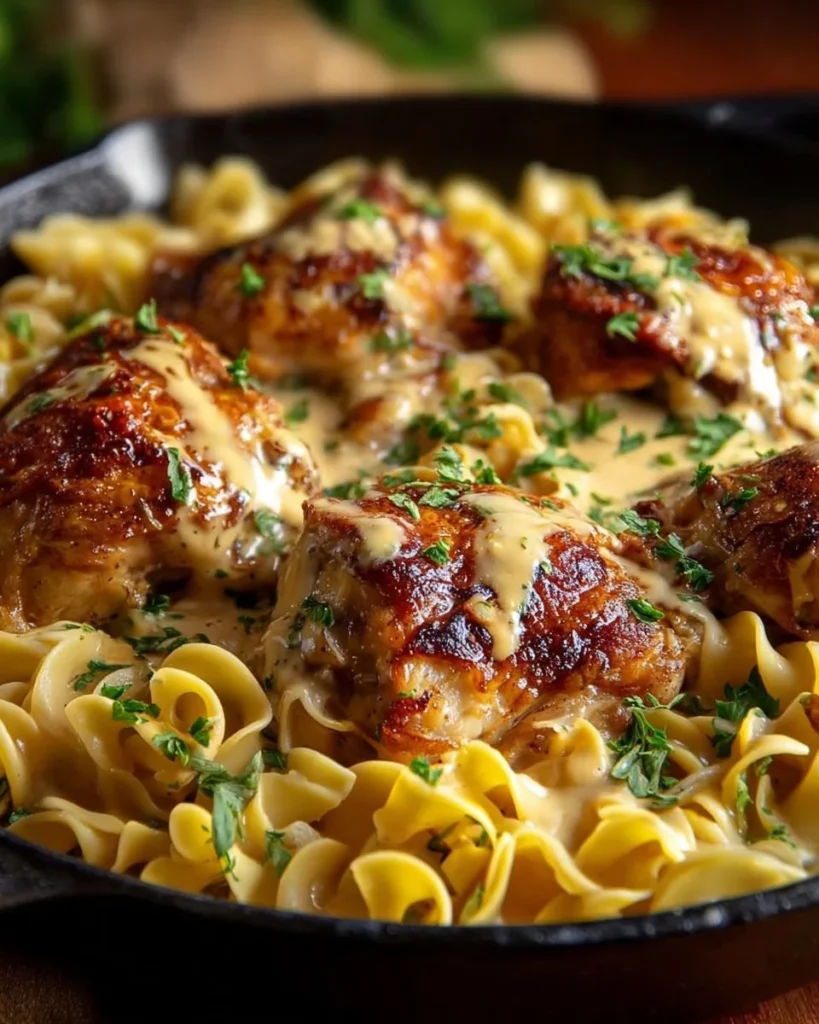 Delicious One-Pan Chicken served with creamy buttered noodles.