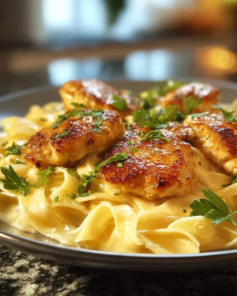One-pan chicken with buttered noodles dish ready to serve.