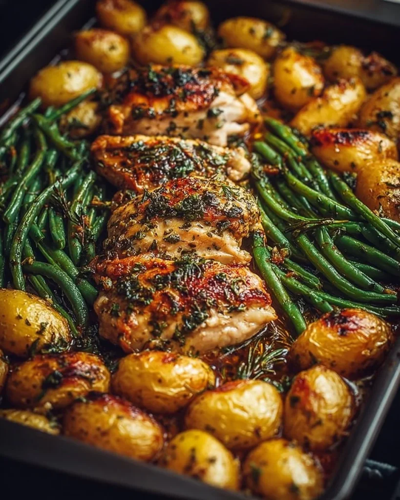 One-Pan Garlic Herb Chicken served with roasted potatoes and green beans