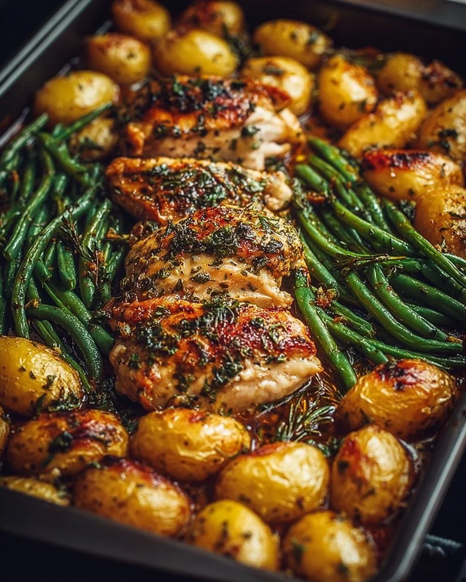 One-Pan Garlic Herb Chicken served with roasted potatoes and green beans