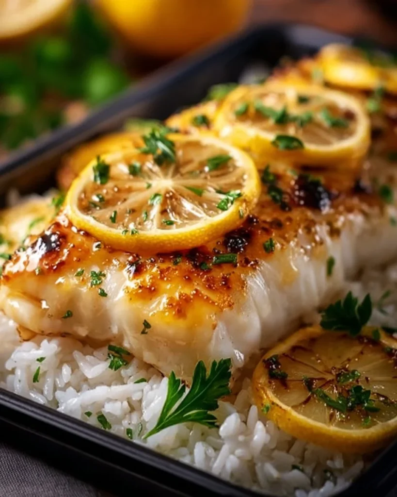 One-Pan Lemon Butter Cod served with rice, garnished with fresh herbs and lemon