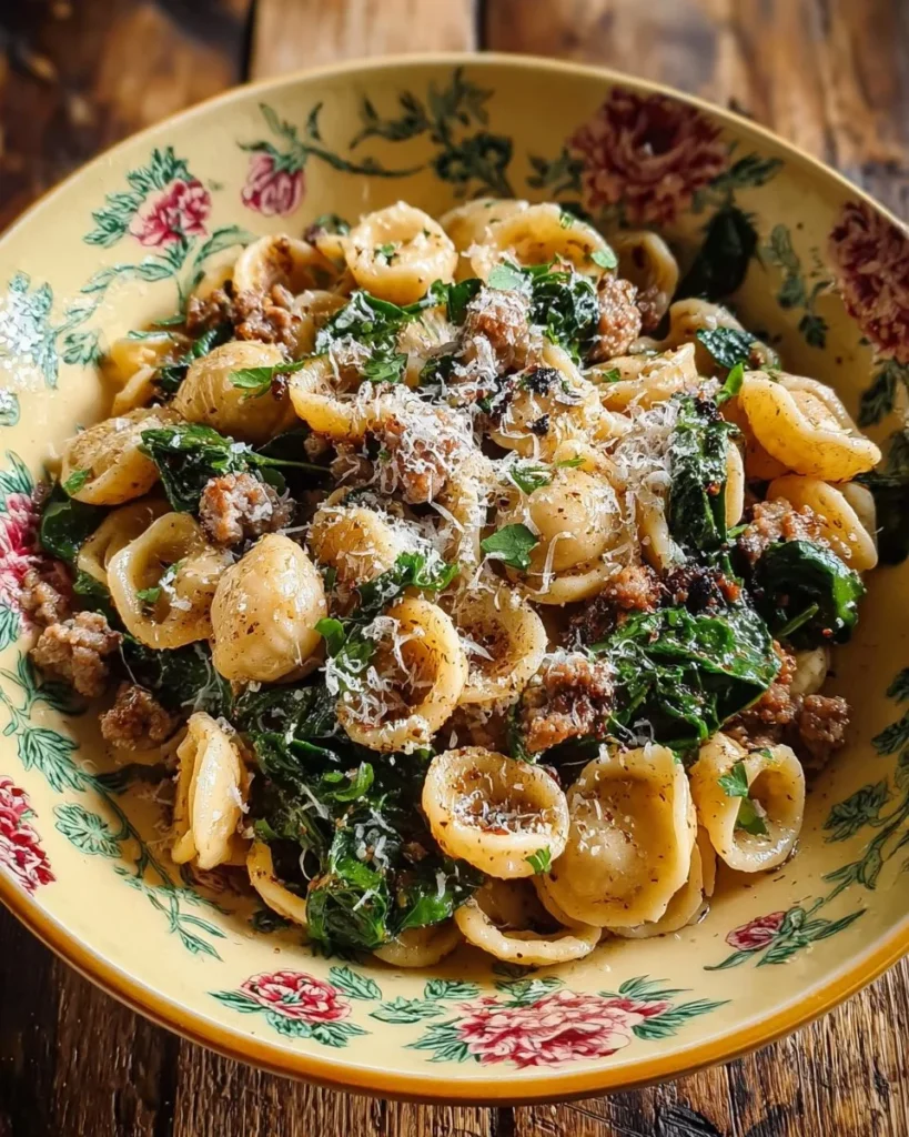 One-Pan Orecchiette with Sausage and Greens dish ready to serve