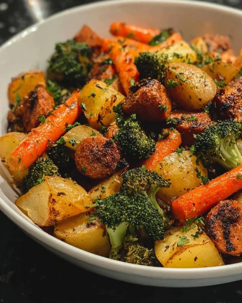 One-pan sausage and veggie roast bowl with vibrant vegetables and sausage slices