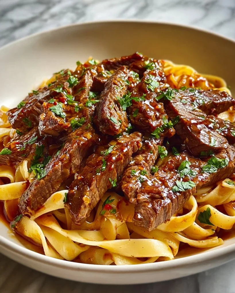 One-Pan Spicy Honey Garlic Steak Pasta dish served in a bowl