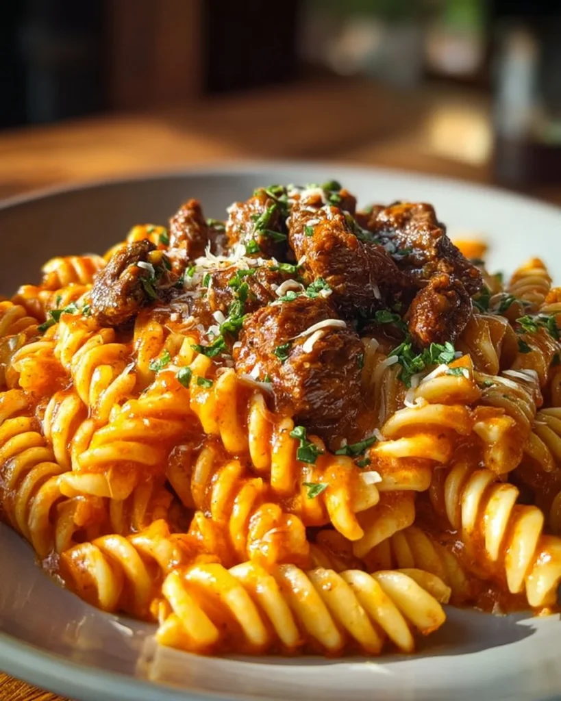 One-Pot Buffalo Steak Pasta with Creamy Honey Heat dish served in a bowl