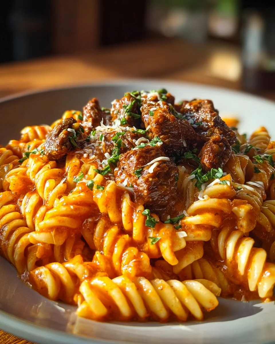 One-Pot Buffalo Steak Pasta with Creamy Honey Heat dish served in a bowl