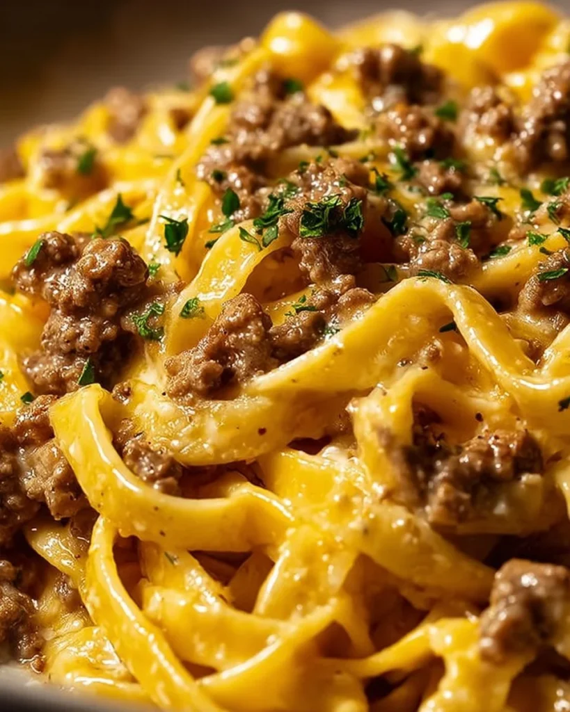 One-Pot Creamy Beef and Garlic Butter Pasta dish garnished with herbs