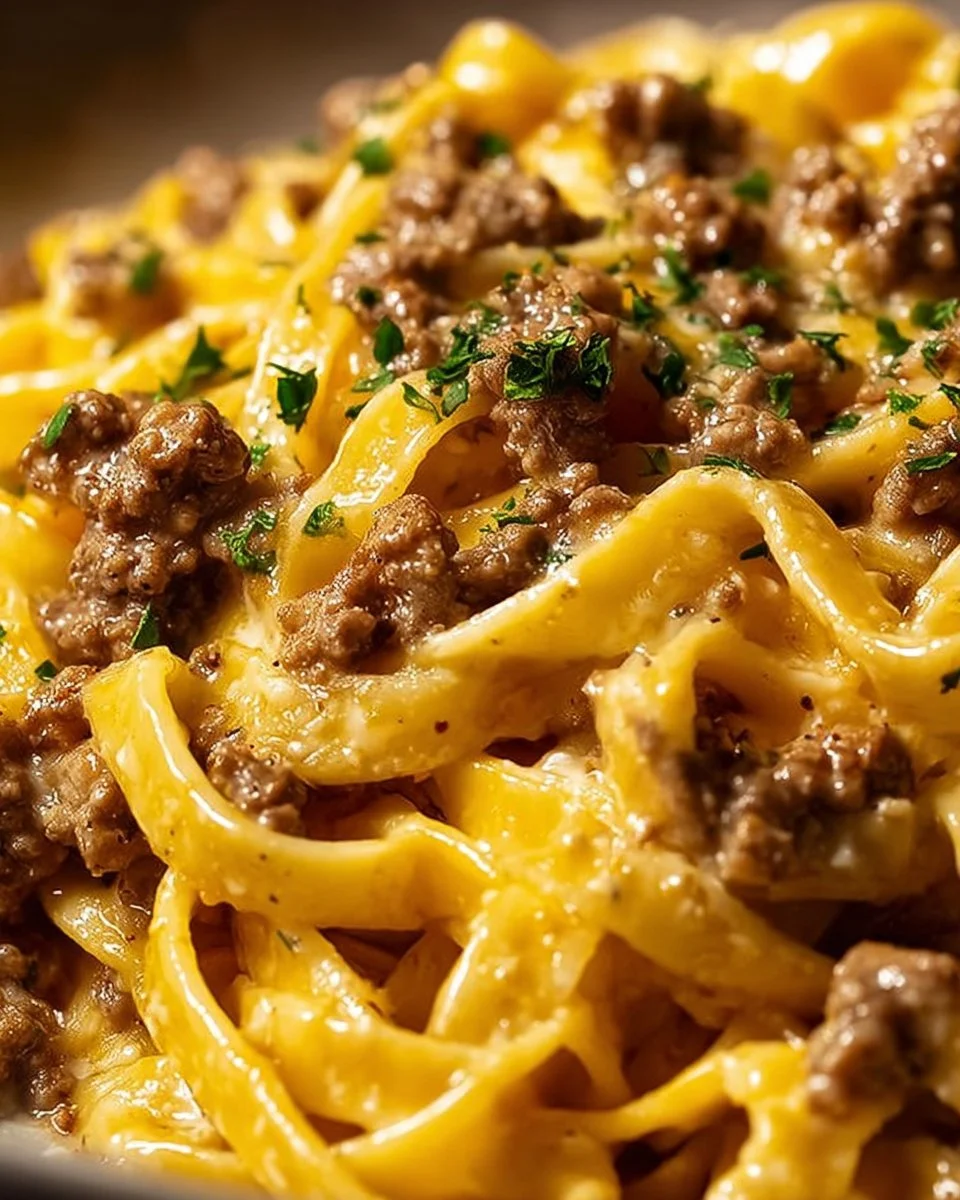 One-Pot Creamy Beef and Garlic Butter Pasta dish garnished with herbs