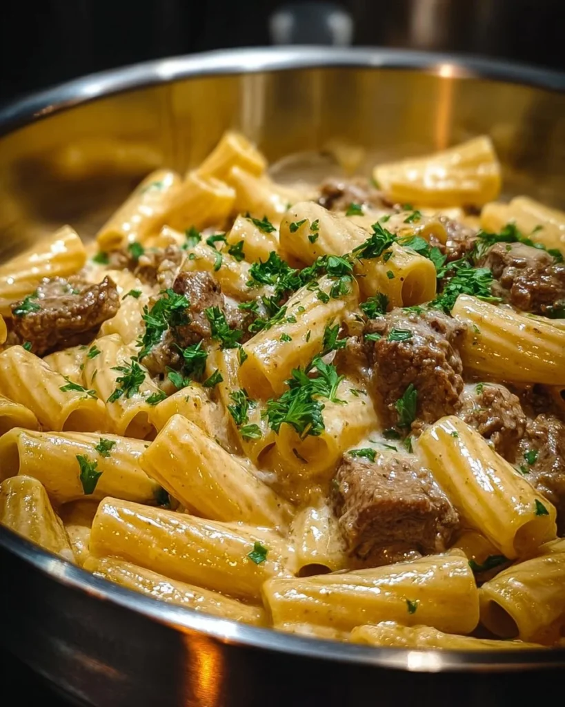 One-Pot Creamy Beef and Garlic Butter Pasta in a skillet