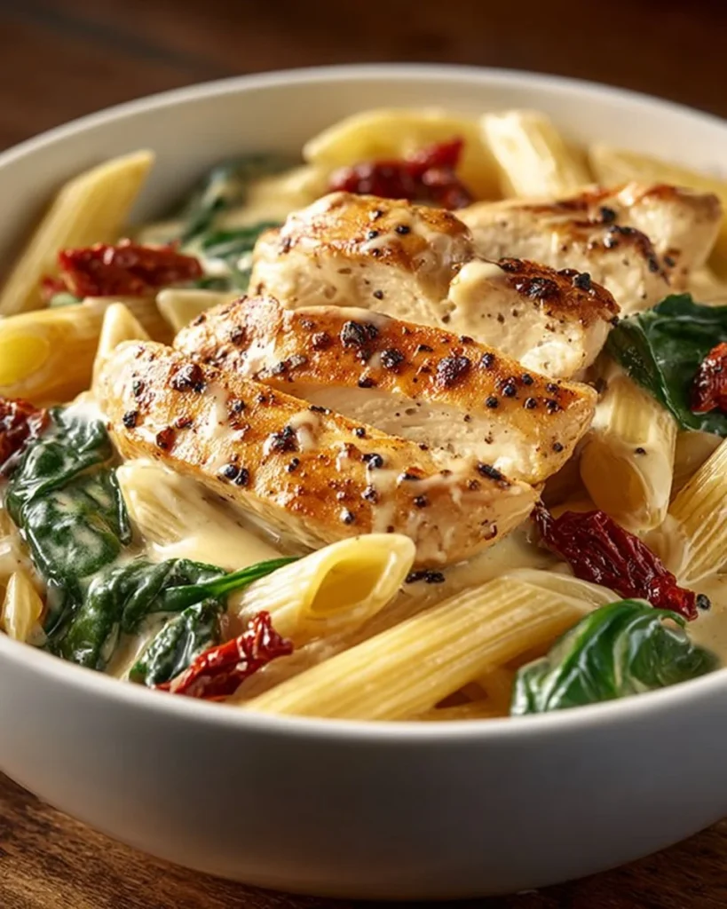 A delicious one pot creamy garlic Tuscan chicken pasta dish with herbs and vegetables.
