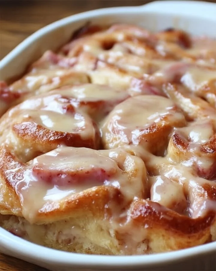 Delicious rhubarb cinnamon roll bake with gooey filling and sweet glaze