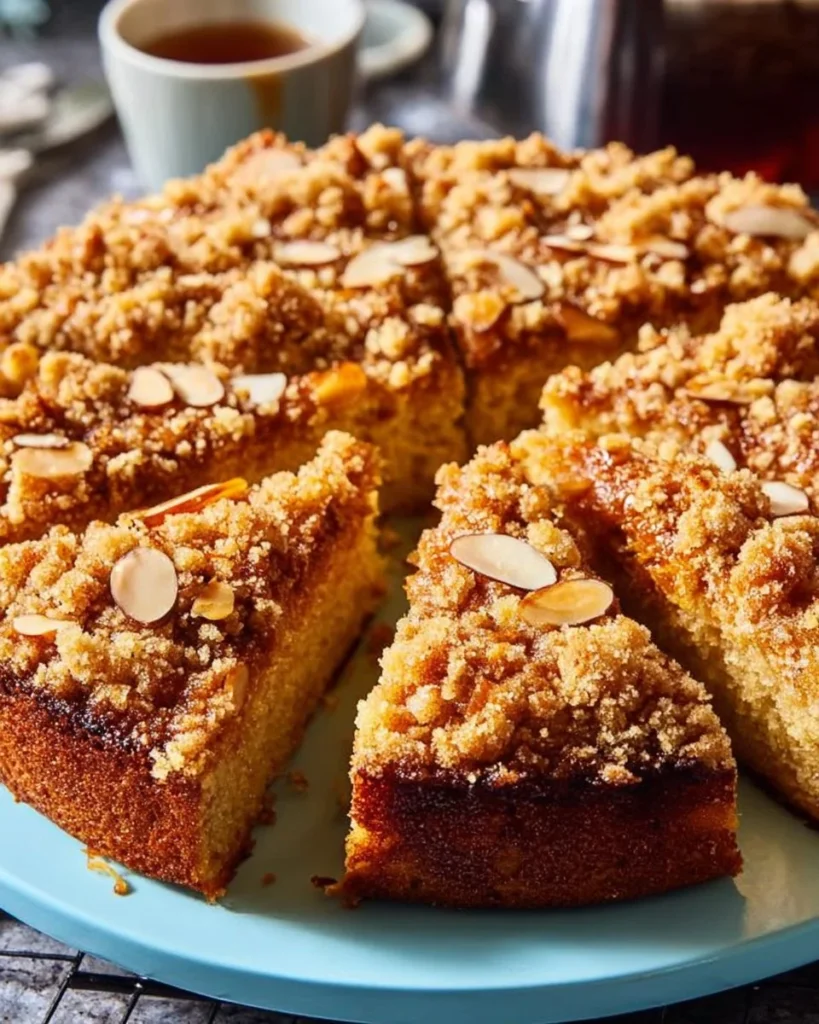 Slice of orange and almond coffee cake on a decorative plate