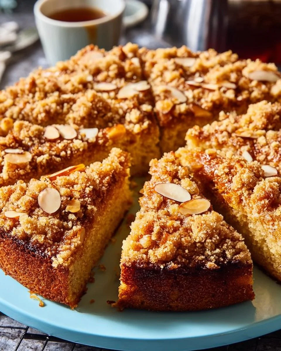 Slice of orange and almond coffee cake on a decorative plate