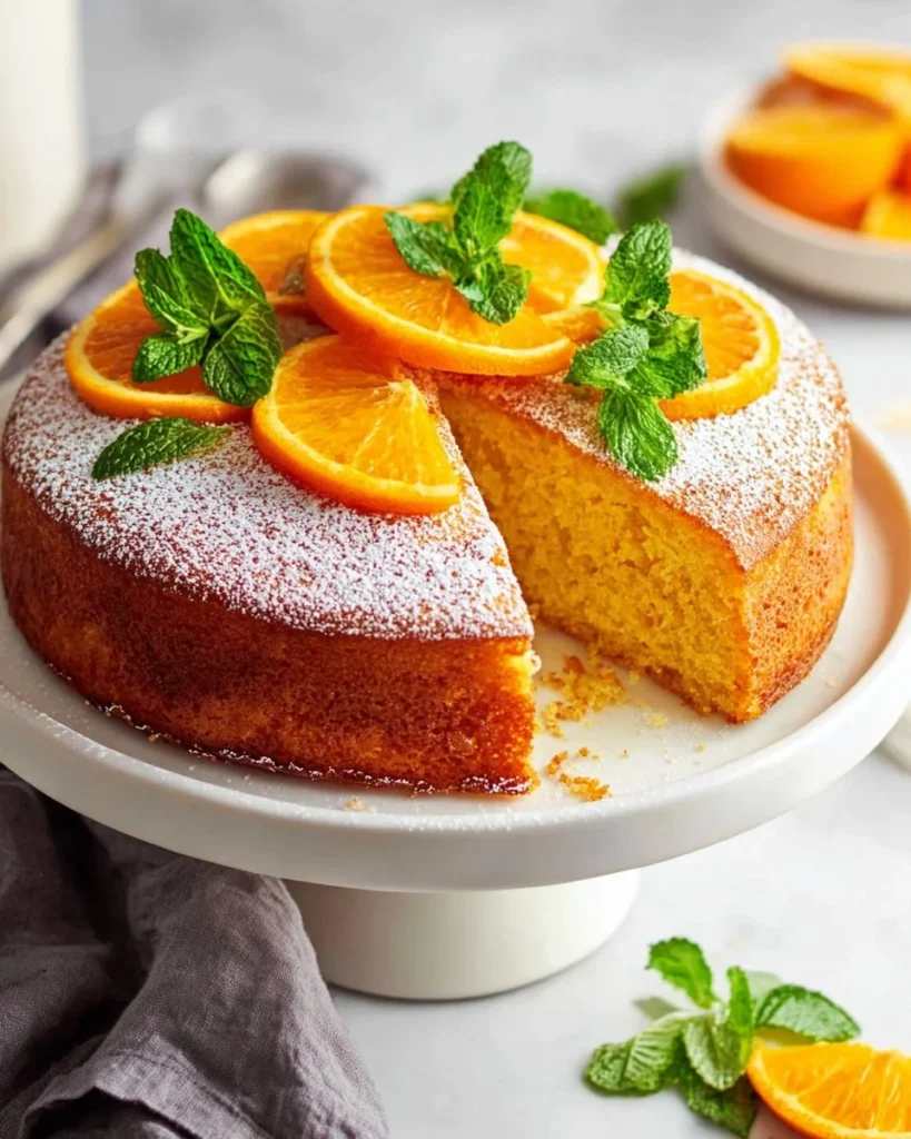 Moist orange cake with whipped coconut frosting on a decorative plate