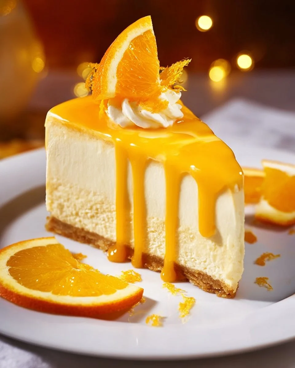Delicious slice of orange cheesecake topped with orange zest and slices
