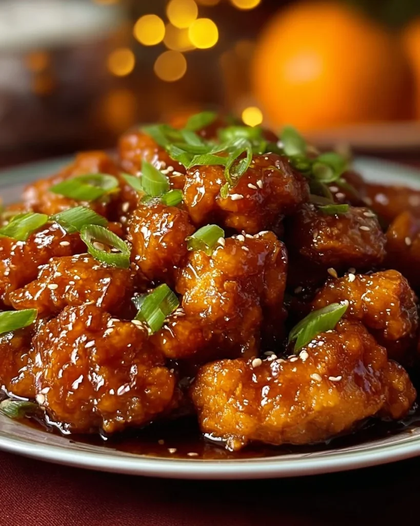 Plate of orange chicken garnished with sesame seeds and green onions