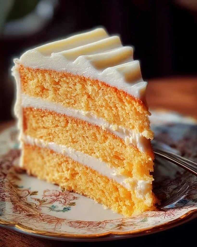 Deliciously moist Orange Creamsicle Cake topped with creamy orange frosting.