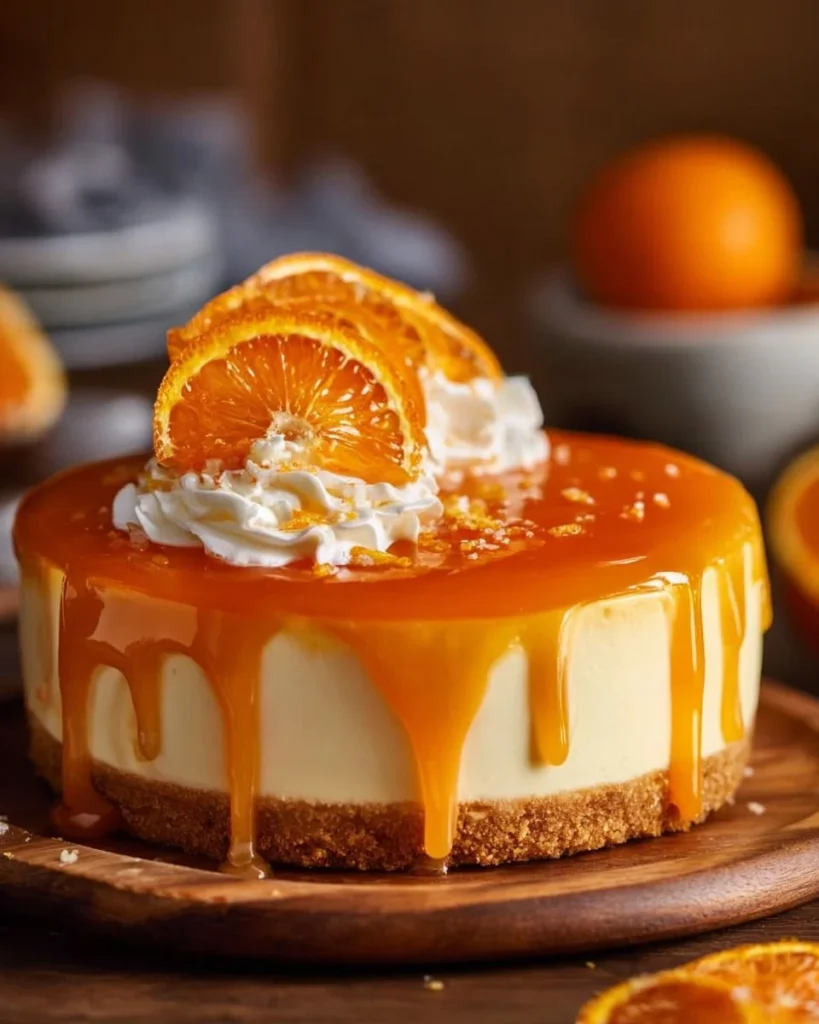 Slice of orange creamsicle cheesecake topped with orange zest and whipped cream
