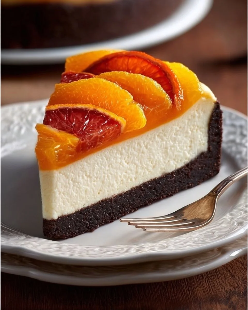 Slice of Orange Dream Cheesecake with a citrus garnish on a plate
