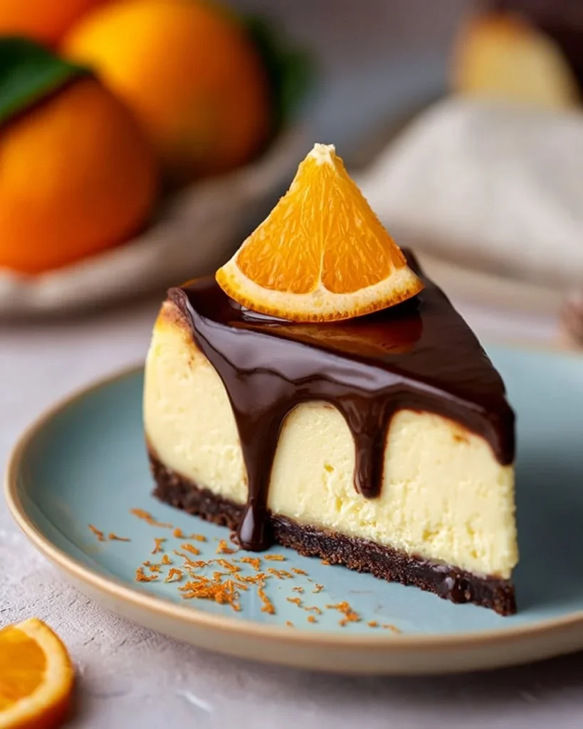 Delicious Orange Mascarpone Cheesecake with a decadent chocolate ganache topping