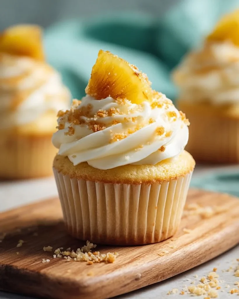 Orange pineapple cupcakes with cream cheese frosting on a decorative plate