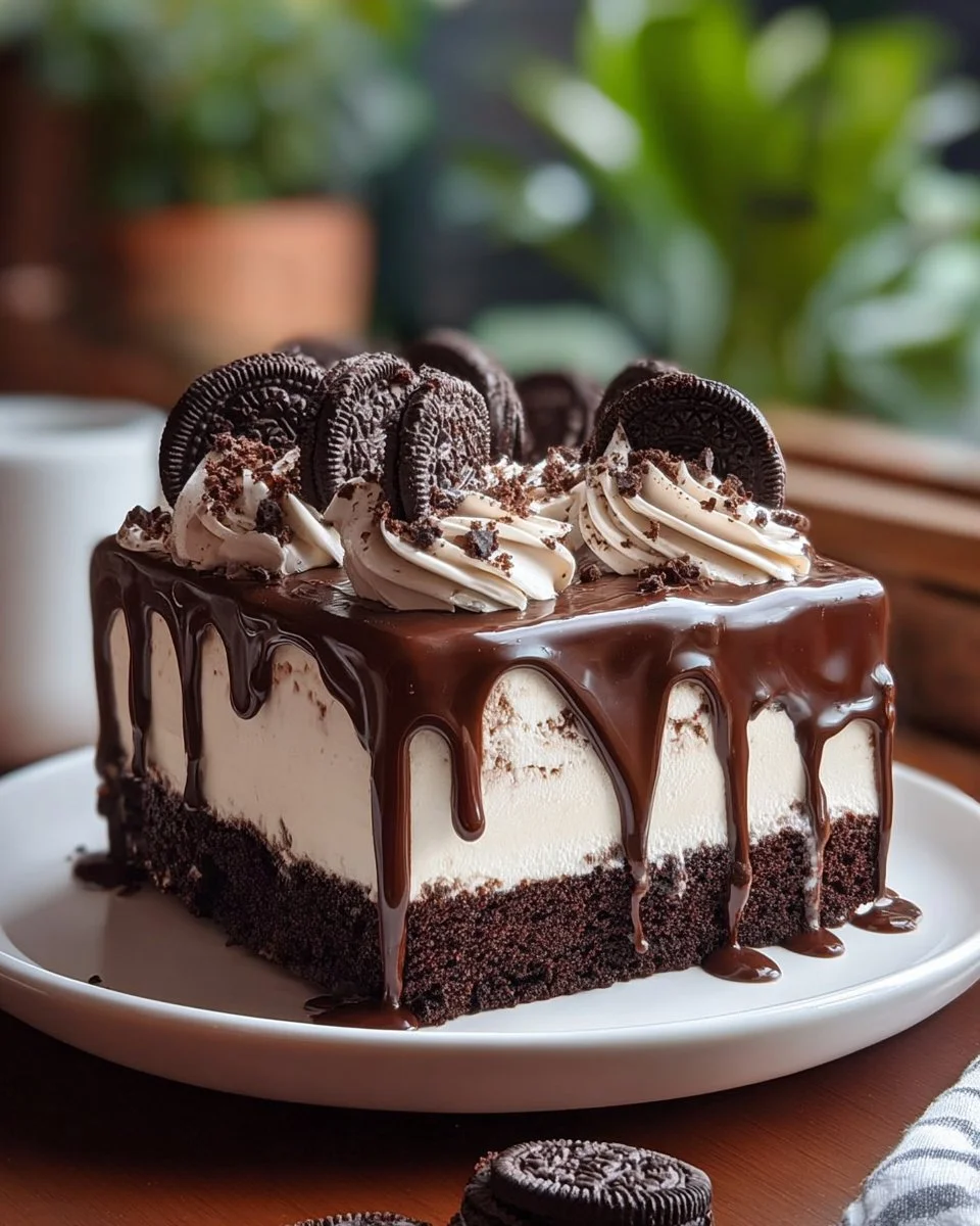 Decadent Oreo Brownie Cake layered with s'mores ice cream