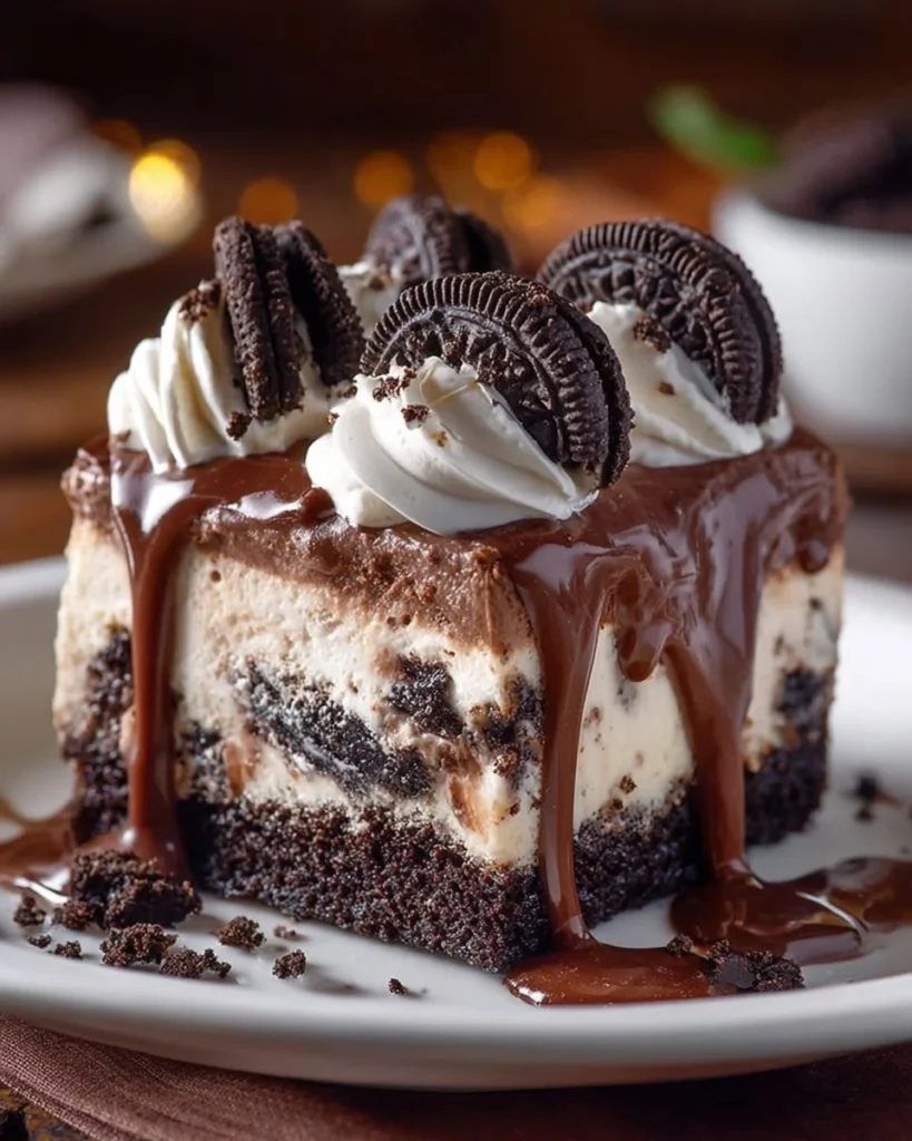 Oreo Brownie Ice Cream Cake with layers of brownie and ice cream topped with Oreos