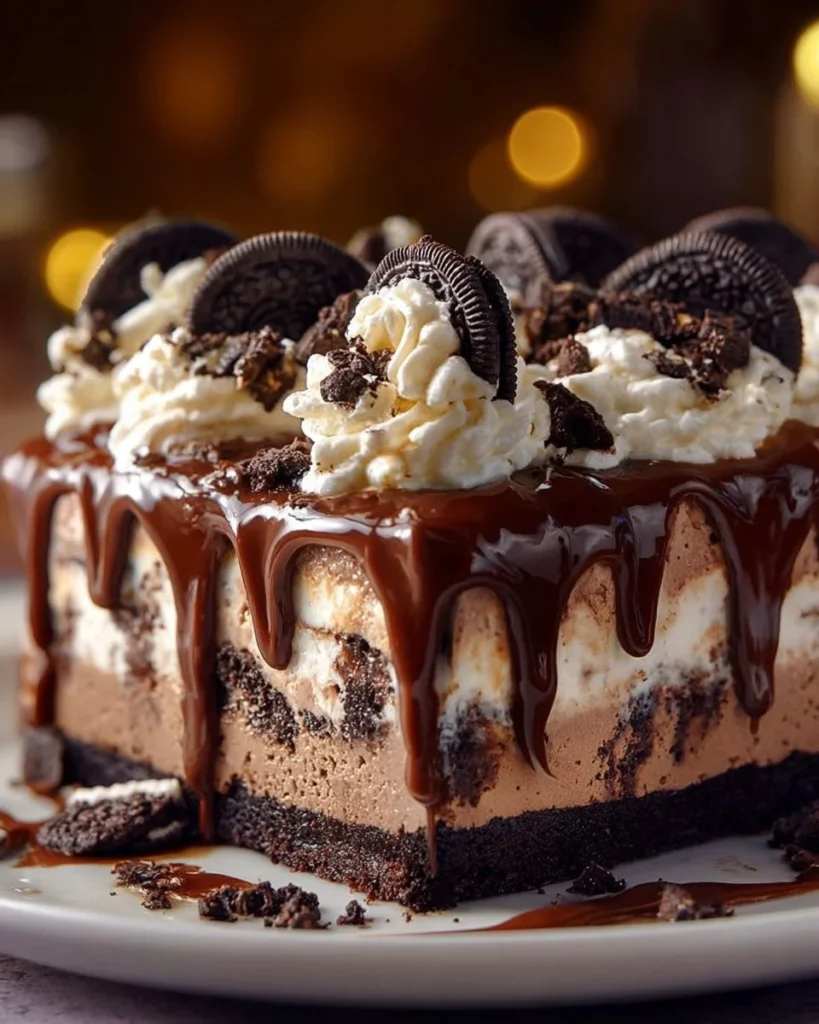 Delicious Oreo Brownie Ice Cream Cake topped with chocolate and Oreos