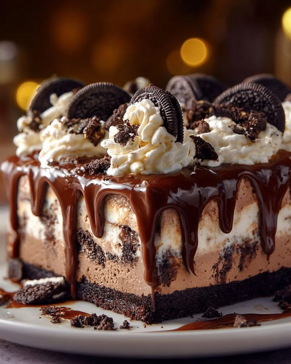 Delicious Oreo Brownie Ice Cream Cake topped with chocolate and Oreos