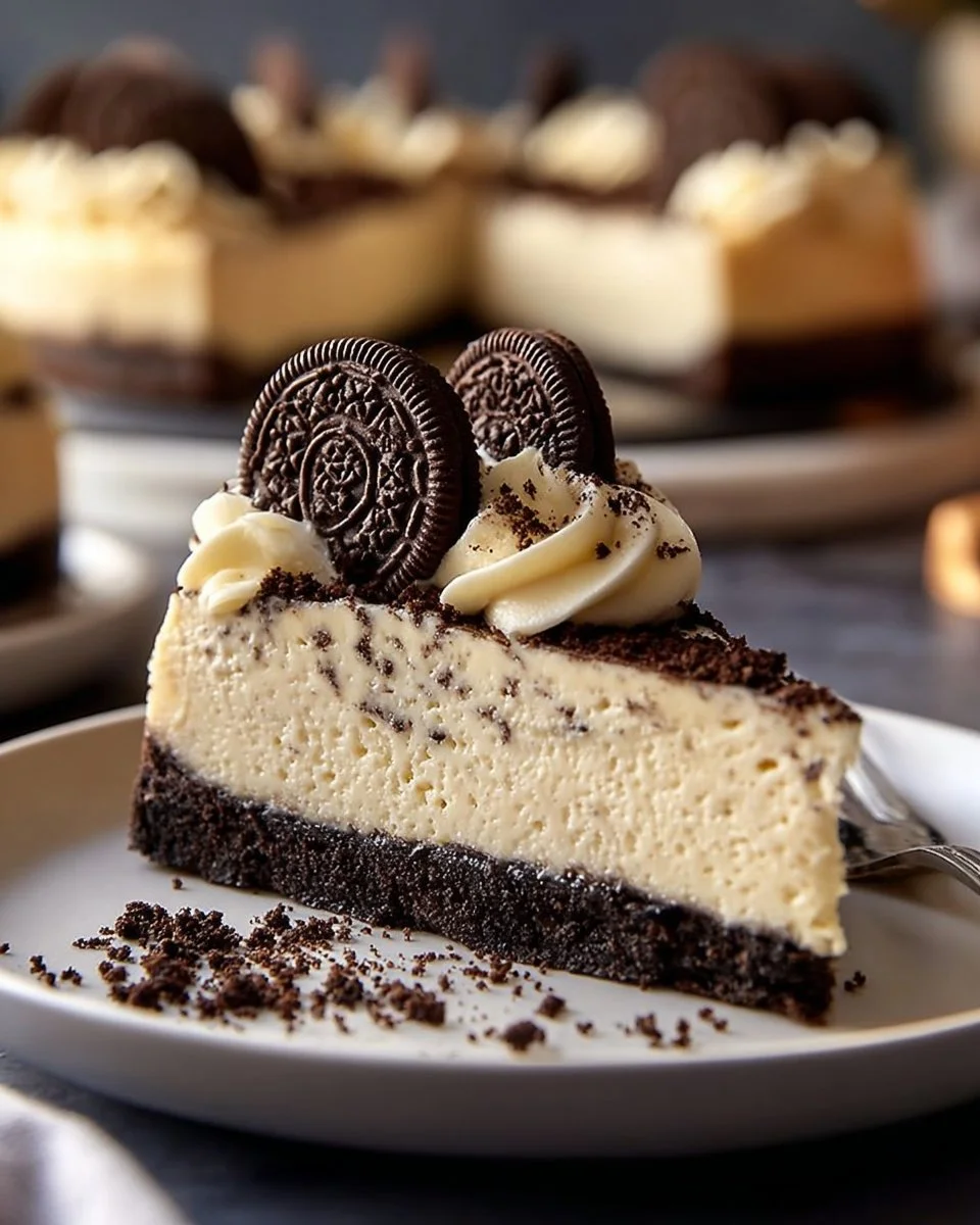 Delicious slice of Oreo Cheesecake topped with crushed Oreos