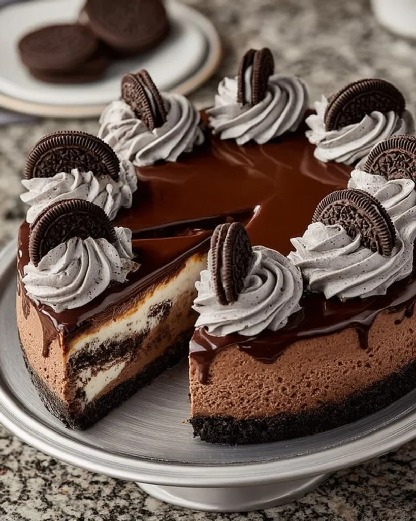Delicious slice of Oreo cheesecake topped with chocolate cookies