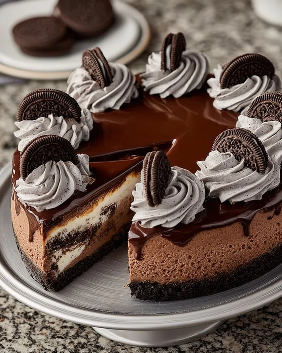 Delicious slice of Oreo cheesecake topped with chocolate cookies